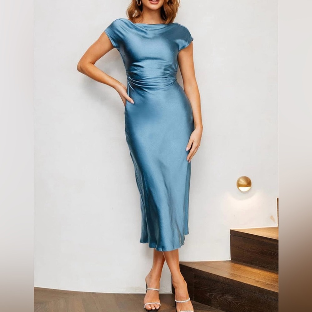 Satin Cap Sleeve Cowl Back Classic Cocktail Dress